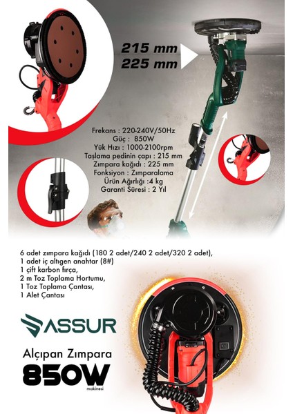 850W Alçıpan Duvar Zımpara Makinası 360° Ledli Toz Emmeli