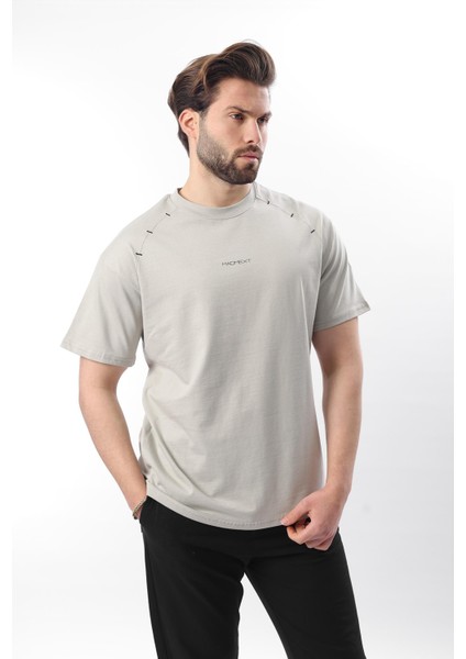 Boyalı Gri Baskılı Nakış Detaylı Erkek T-Shirt E7108