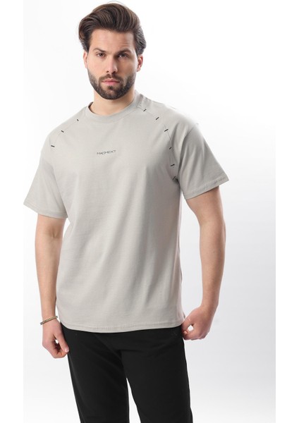 Boyalı Gri Baskılı Nakış Detaylı Erkek T-Shirt E7108