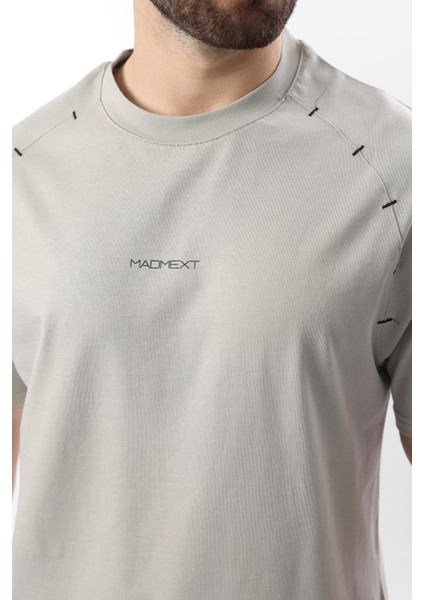 Boyalı Gri Baskılı Nakış Detaylı Erkek T-Shirt E7108