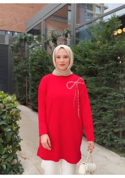 Merserize Triko Tunik Taş Işleme Kurdele Desen Detaylı