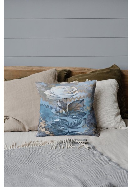 Pastel Beyaz Gül Dijital Baskı Rachel Kumaş 45X45 Tekli Kırlent Kılıfı