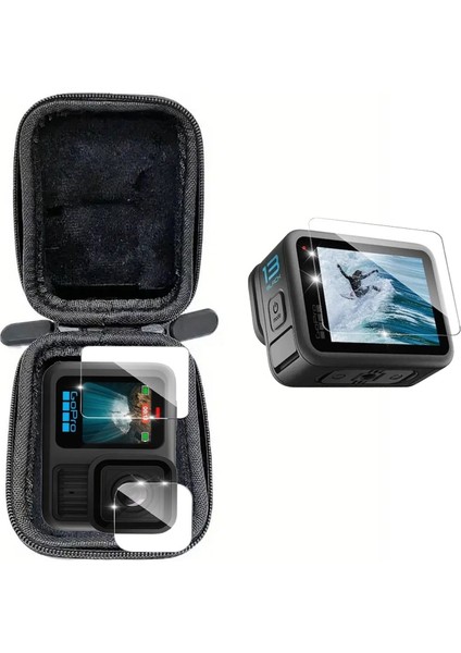 Gopro Hero 13, 12, 11 ve 10 Koruyucu Taşıma Çantası ve Ekran Koruyucu Seti 9h (3 Parça, Ön ve Arka Ekran ve Lens Koruyucu)