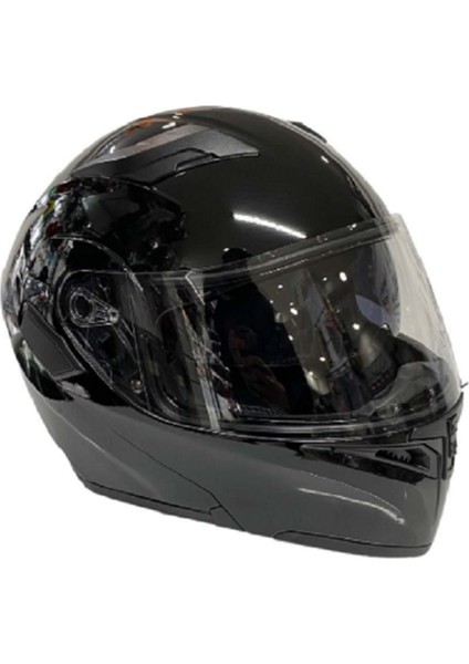 Parlak Siyah Large Beden Çene Açılır Kask