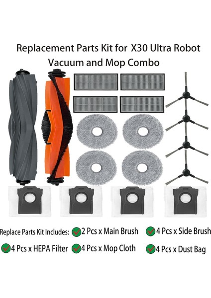 X30 Ultra Robot Süpürge ve Paspas Kombosu Ana Yan Fırça Hepa Filtre Pedi Toz Torbası Aksesuarları Parçaları (Yurt Dışından) fiyatları