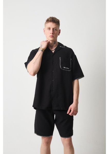 Nakış Detaylı Müslin Kumaş Erkek Takım Şort - Siyah