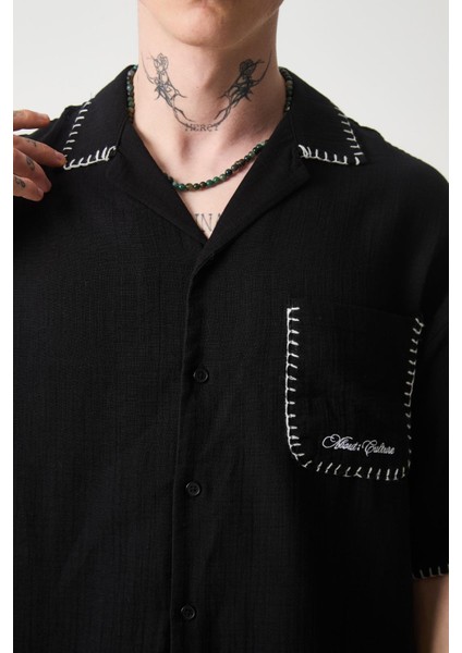 Nakış Detaylı Müslin Kumaş Erkek Takım Şort - Siyah fiyatları