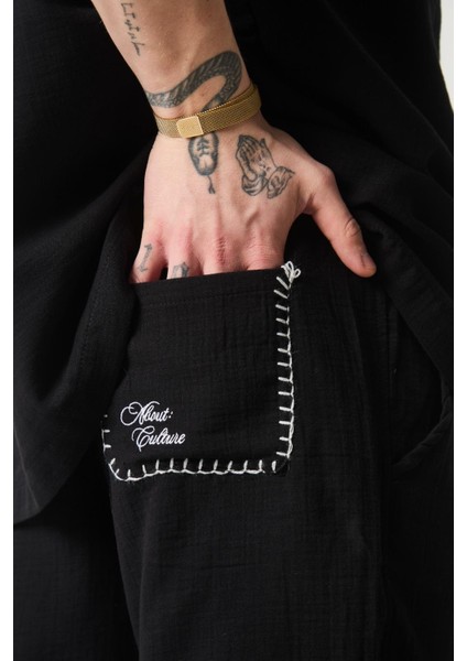 Nakış Detaylı Müslin Kumaş Erkek Takım Şort - Siyah fırsatları