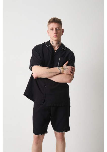Nakış Detaylı Müslin Kumaş Erkek Takım Şort - Siyah indirimleri