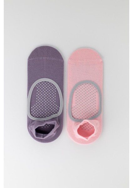 Kadın 2'li Asta Yoga / Pilates Step Çorap Açık Pembe / Koyu Lila