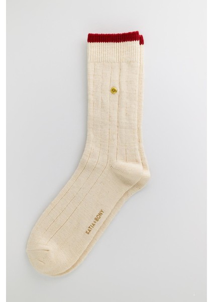 Erkek Zımbalı Ekose Soket Çorap Ekru-Bordo