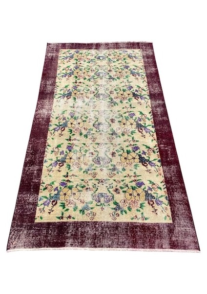 El Dokuması Vintage Eskitme 110 x 205 Mor Krem Ince Halı