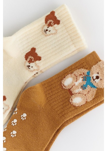 Bebek 2 Li Paket Teddy Baskılı Soket Çorap Ekru-Koyu Kahverengi fiyatları