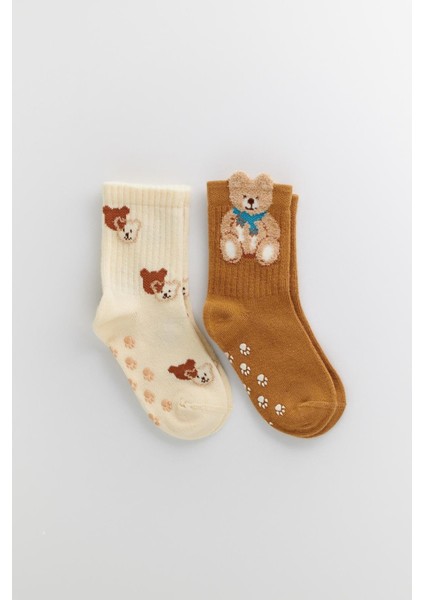 Bebek 2 Li Paket Teddy Baskılı Soket Çorap Ekru-Koyu Kahverengi fırsatları