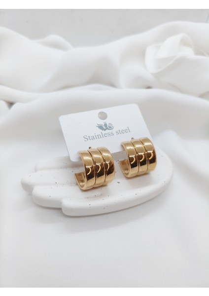 Kalın Etli Dolgun 1 Delikte 3 Lü Görünüm Premium Paslanmaz Çelik Küpe