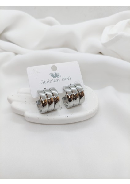Kalın Etli Dolgun 1 Delikte 3 Lü Görünüm Premium Paslanmaz Çelik Küpe