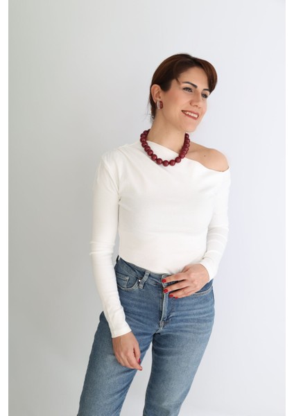Çapraz Yaka Uzun Kol Bluz Ekru - S