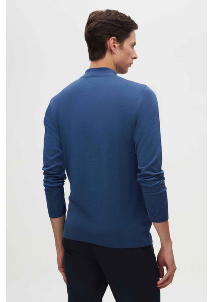 Regular Fit Mavi Pamuk Karışımlı Yarım Balıkçı Triko Kazak 5HF06ORT16275