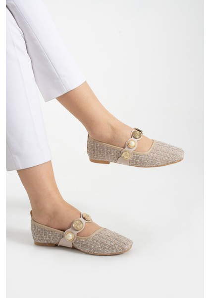 Tüvit Detaylı Arkası Kapalı Alçak Topuklu Mary Jane Günlük Vizon Hasır Kadın Babet