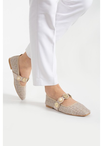 Tüvit Detaylı Arkası Kapalı Alçak Topuklu Mary Jane Günlük Vizon Hasır Kadın Babet modelleri