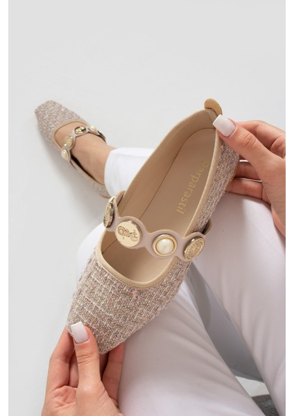 Tüvit Detaylı Arkası Kapalı Alçak Topuklu Mary Jane Günlük Vizon Hasır Kadın Babet fırsatları