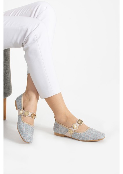 Tüvit Detaylı Arkası Kapalı Alçak Topuklu Mary Jane Günlük Lila Hasır Kadın Babet