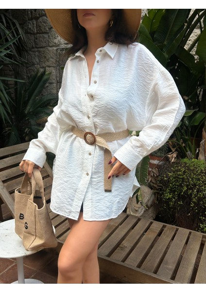 Kadın Ekru Keten Oversize Hasır Kemerli Tunik Gömlek 29049