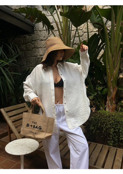 Kadın Ekru Keten Oversize Hasır Kemerli Tunik Gömlek 29049