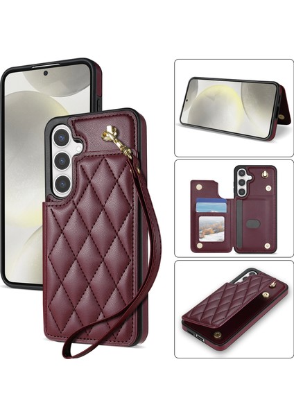 Samsung Galaxy S25 Plus Kart Yuvaları Bilek Kayışlı Eşkenar Dörtgen Deri + Tpu Telefon Kılıfı (Yurt Dışından)