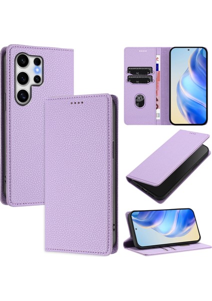 Samsung Galaxy S25 Ultra Cüzdan Kılıf Rfıd Engelleme Litchi Doku Deri Kapak (Yurt Dışından)