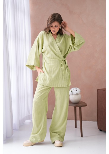 Kadın Yağ Yeşili Kendinden Desenli Yandan Bağlamalı Kimono ve Pantolon Alt/üst Takım 29059