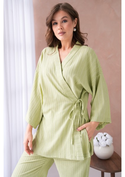 Kadın Yağ Yeşili Kendinden Desenli Yandan Bağlamalı Kimono ve Pantolon Alt/üst Takım 29059 fiyatları