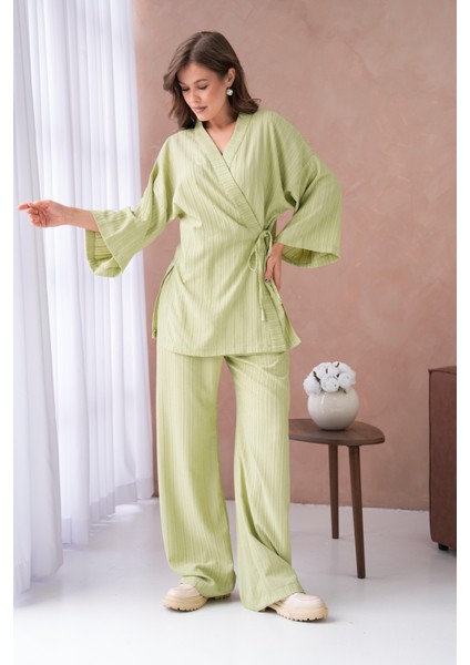 Kadın Yağ Yeşili Kendinden Desenli Yandan Bağlamalı Kimono ve Pantolon Alt/üst Takım 29059 fırsatları