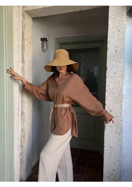 Kadın Kahve Keten Oversize Hasır Kemerli Tunik Gömlek 29049