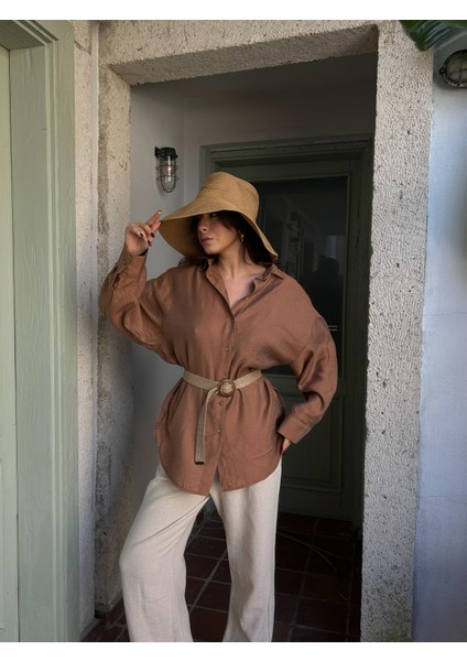 Kadın Kahve Keten Oversize Hasır Kemerli Tunik Gömlek 29049