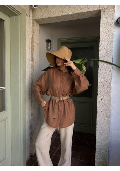 Kadın Kahve Keten Oversize Hasır Kemerli Tunik Gömlek 29049