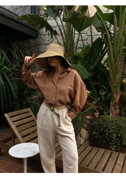Kadın Kahve Keten Oversize Hasır Kemerli Tunik Gömlek 29049