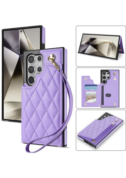 Samsung Galaxy S25 Ultra Kart Yuvaları Eşkenar Dörtgen Deri + Bilek Kayışlı Tpu Telefon Kapağı (Yurt Dışından)