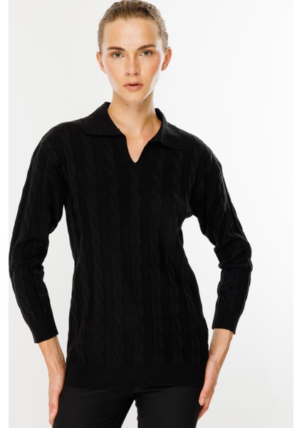 Polo Yaka Saç Örgü Desenli Triko Kazak-Siyah