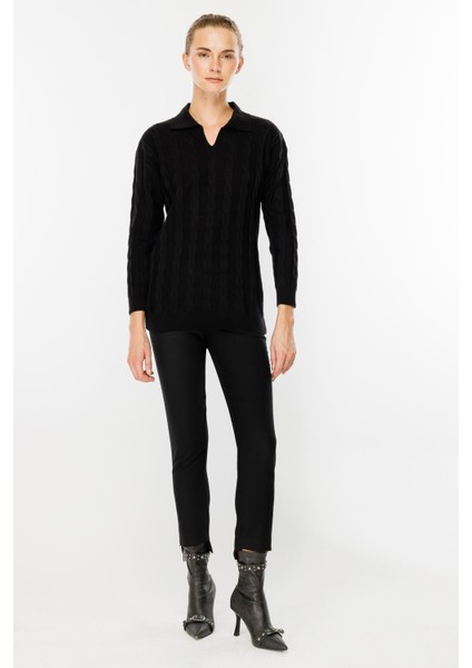 Polo Yaka Saç Örgü Desenli Triko Kazak-Siyah fiyatları