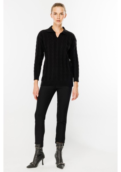 Polo Yaka Saç Örgü Desenli Triko Kazak-Siyah modelleri