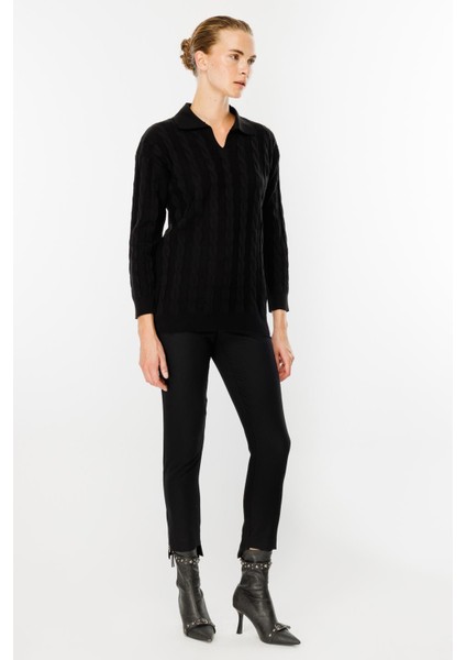 Polo Yaka Saç Örgü Desenli Triko Kazak-Siyah fırsatları