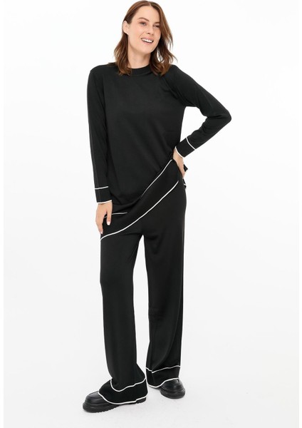 Çizgi Kombinli Tunik Pantolon Triko Takım-Siyah
