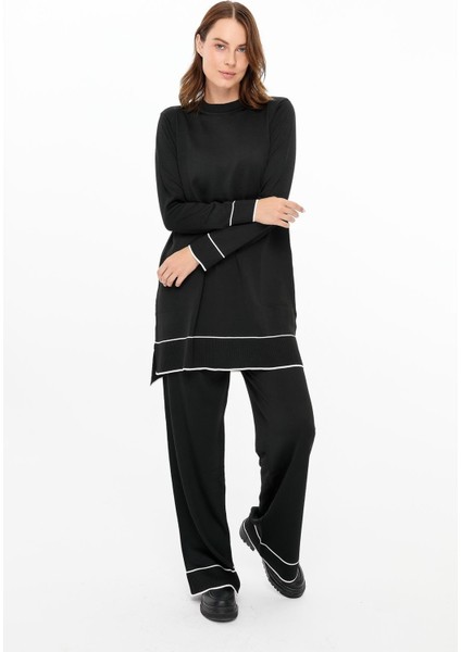 Çizgi Kombinli Tunik Pantolon Triko Takım-Siyah