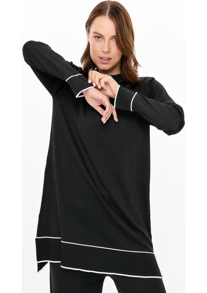 Çizgi Kombinli Tunik Pantolon Triko Takım-Siyah