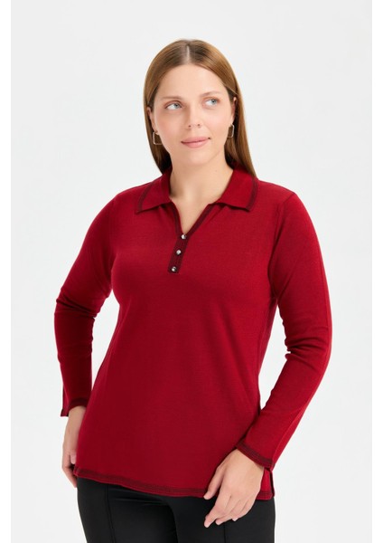 Büyük Beden Polo Yaka Triko Kazak-Bordo fırsatları