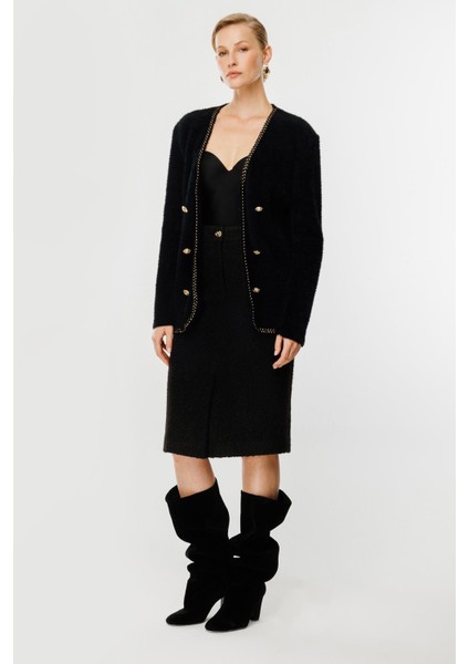 Saç Örgü Biye Düğme Detaylı Hırka-Siyah fiyatları