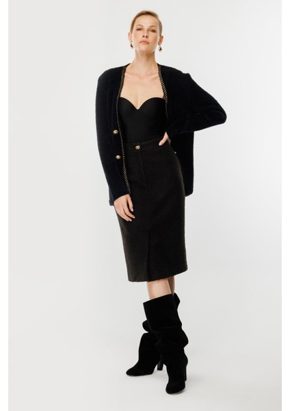 Saç Örgü Biye Düğme Detaylı Hırka-Siyah fırsatları