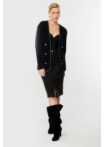 Saç Örgü Biye Düğme Detaylı Hırka-Siyah indirimleri