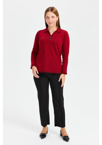 Büyük Beden Polo Yaka Triko Kazak-Bordo